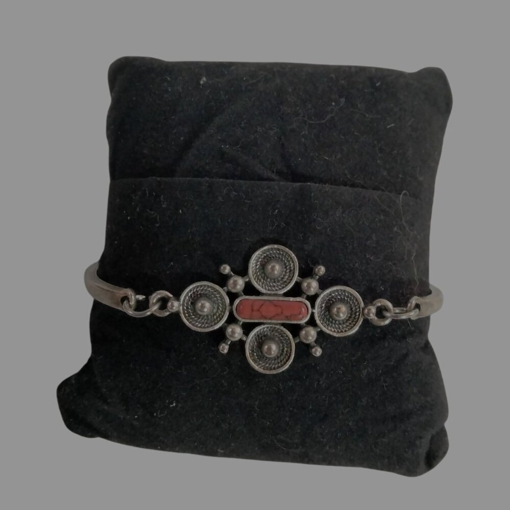 Steampunk Style Bracelet Silver Tone Red Stone Distressed Gothic 6 to 8 inches